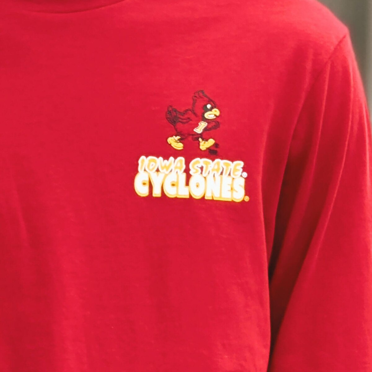 Champion® Walking Cy Cardinal Long Sleeve T-Shirt close up of front design